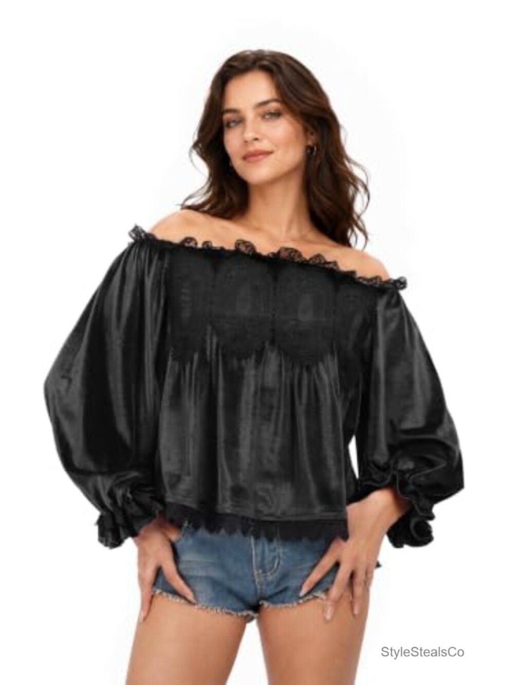 Velvet Lace Off Shoulder Blouse Vintage Long Sleeve Loose Fit Women's Top